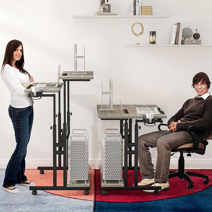 Panta Mobile Standing Desk, Adjustable Rolling Computer Desk with 3 Desktops, Portable Laptop Table with Desk Cup Holder, Home Office Laptop Workstation on Lockable Wheels,Grey Oak