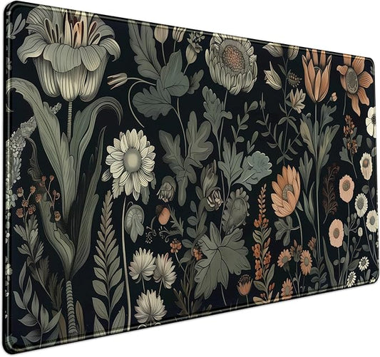 Black Aesthetic Vintage Desk Mat Dark Flower Plants Mouse Pad Wildflowers Large Gaming Mousepad Desk Pad XXL Keyboard Mouse Mat Full Desktop Mat Women Desk Cover Mat for Work Office Home 31.5x15.8 in