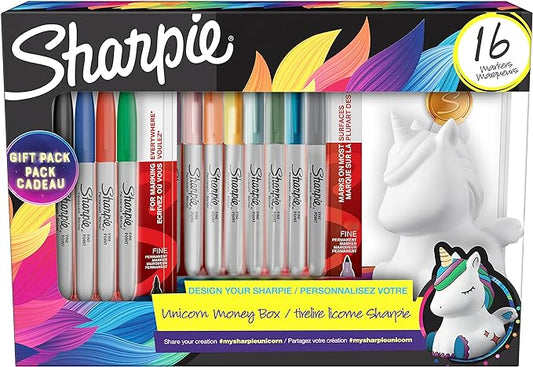 Sharpie Permanent Marker Pens Gift Set | Unicorn Money Box & Marker Pens | Fine Point | Assorted Mystic Gem Colours | 16 Count | Unicorn Gifts for Girls & Boys