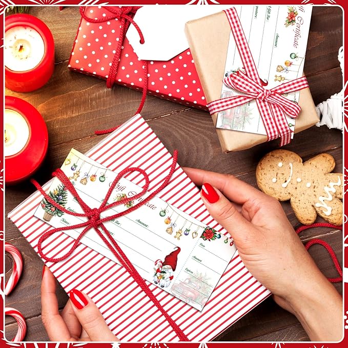 Sinmoe 50 Sets Gift Certificate for Business with 50 Pcs Envelopes Blank Gift Certificate Cards with Name and Address Rustic for Beauty Salon Restaurants Birthday (Xmas Style,4.72 x 2.36 Inch)