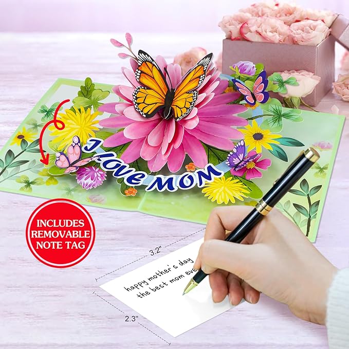 D4DREAM Mothers Day Pop Up Card for Mom - 3D Butterfly Flower Greeting Card with Envelope and Note Tag I Love Mom Pop Up Birthday Gift for Her from Daughter Son