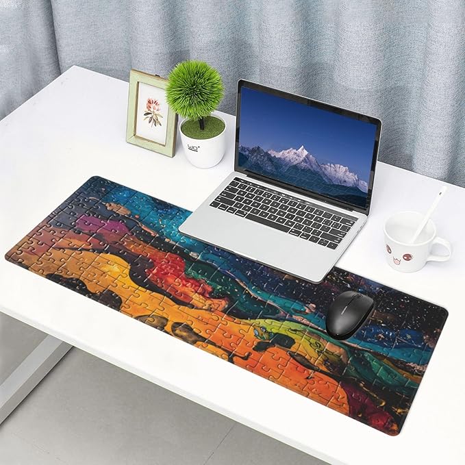 Gaming Mouse Pad Desk Pad,Extended Big Mouse Pad,31.5x11.8 Inch Long Computer Keyboard Mouse Mat Mousepad with 3mm Non-Slip Base and Stitched Edge for Gaming and Office… (Watercolor Puzzle)