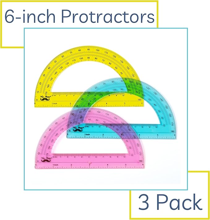 Mr. Pen- Plastic Protractors, 3 Pack, 6 Inch, 180 Degrees, Colorful Protractor for Geometry, Math Protractor, Protractor for Kids, Geometry Protractor, Colored Protractor