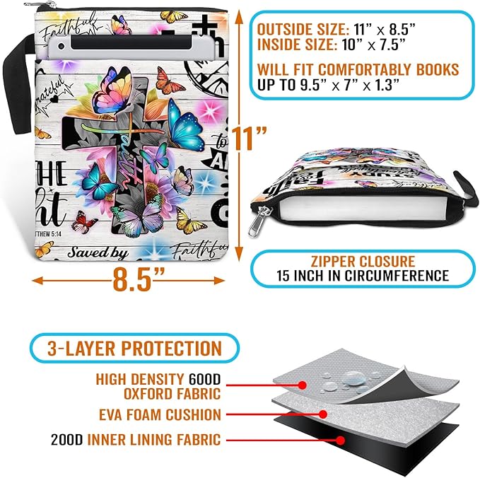 84hoods Book Sleeve With Zipper and Front Pocket. Christian Faith God Religious Gift. Bible Cover, Washable 11 X 8.5 Inch Padded. Gift for Book Lovers. Flowers and Butterflies.