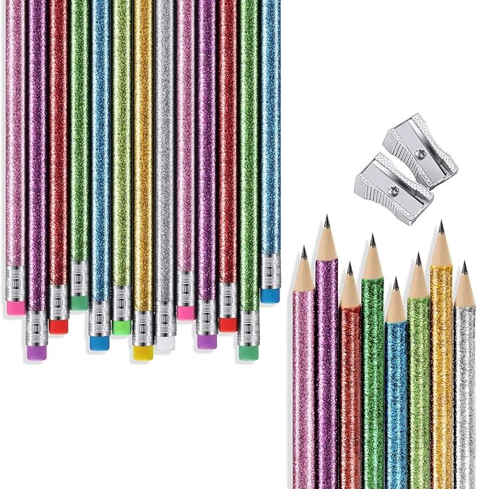 Outus 34 Pieces Glitter Pencils with Eraser Wood Colorful Pencils and Sharpeners for Graduation Kids Writing Painting