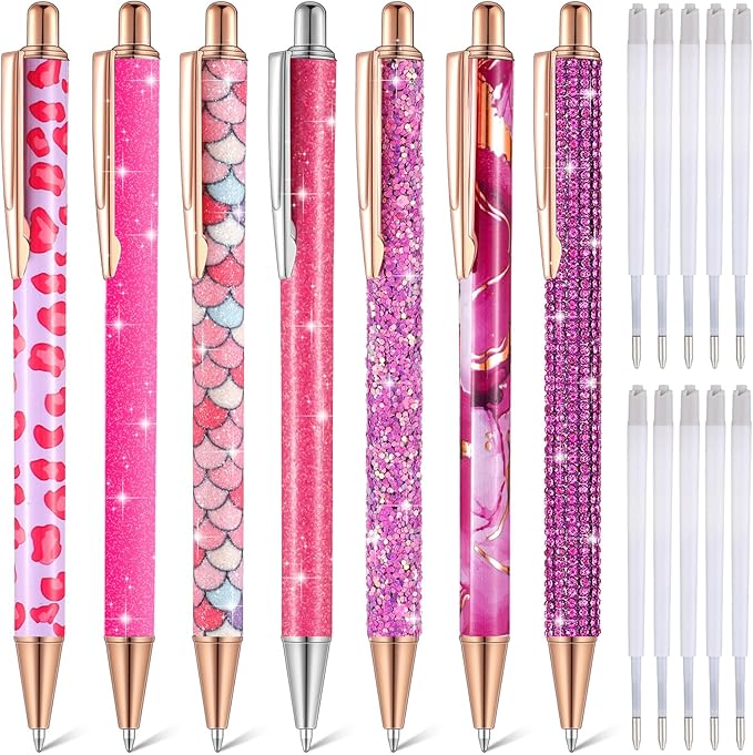 Sherr 7 Pcs Fancy Pens for Women Cute Sparkly Glitter Pens with 10 Pcs Black Ink Refills Pretty Gifts for Girls Office School Christmas Graduation(Hot Pink,Lovely)
