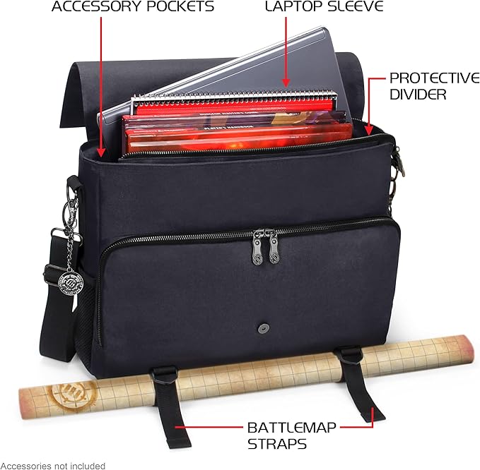 ENHANCE Collector's Edition RPG Player's Essentials DND Bag - Dragon Hide Exterior Messenger Bag Fits 2-4 Books, Binders, Dice & Accessories, with 17 inch Laptop Slot, Battlemap Straps (Dragon Black)