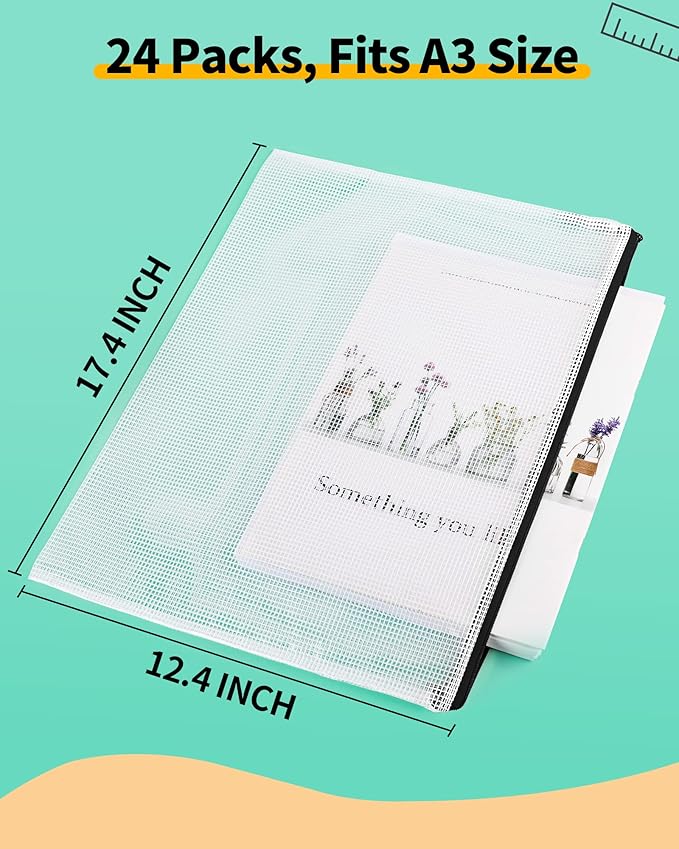 Smarpau A3 Mesh Zipper Pouch, 24 Pack 17.4" x 12.4" Large Zipper Pouches for Organizing, Multipurpose Waterproof Zipper Bags for Travel, Office, Home Storage, Black