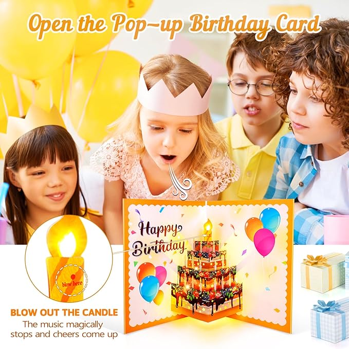 Birthday Cards, Musical Pop Up Birthday Cards with Light, Blow Out LED Light Candle and Play Happy Birthday Music Pop Up Card, 90 Degree Vertical Cake Greeting Card, Birthday Gifts for Women