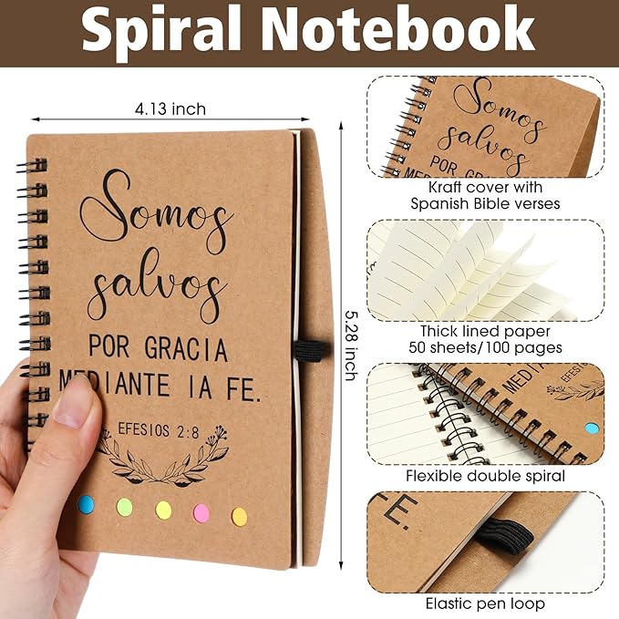 30 Set Spanish Christian Gifts Bulk Religious Notebooks with Bible Verse Pens,Inspirational Spiral Prayer Journal and Pen Set Church Gifts for Women Men Sunday Church Party (Kraft)