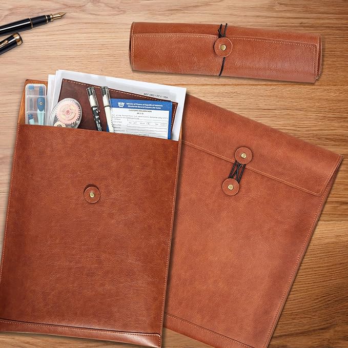 Brown PU Leather File Folders for Documents,Important Private File Organizer with String Tie Closure,Laptop Sleeve Notebook Case,Leather Portfolio Binder Envelopes,Letter Size Filing Folder 1PC