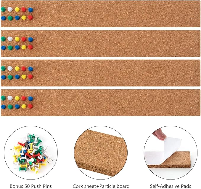 HBlife Cork Board Bulletin Board Bar Strip 8 Pack, 15x2 Inch - 1/2 Inch Thick, Frameless Cork Board Strips with 50 Multi-Color Push Pins, Strong Self Adhesive Backing