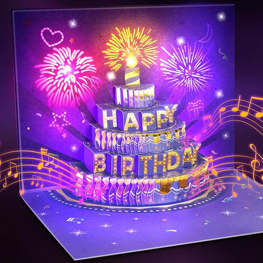 Birthday Cards Birthday Gifts for Women Fireworks Pop Up Cake Light and Music Happy Birthday Card Purple Gold