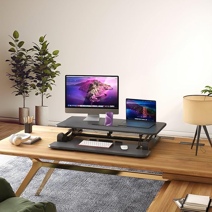 Mount-It! Electric Standing Desk Converter 35.4" x 23" Stand Up Desk Riser, Computer Workstations Motorized Desk Convertor, Sit to Stand with Built-in USB Port, Ergonomic Height Adjustable in Black