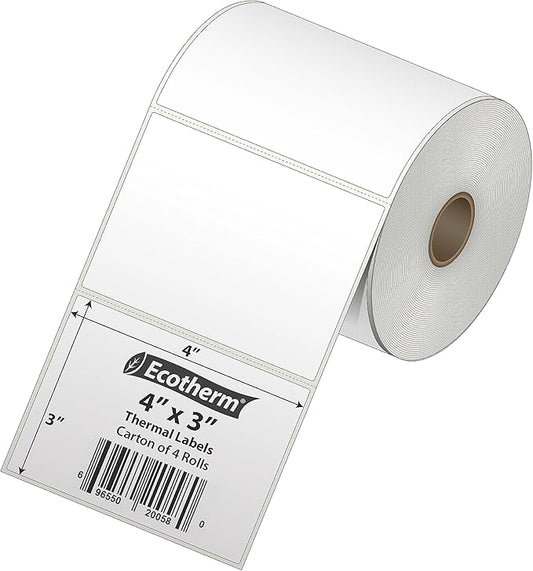 4" x 3" Thermal Labels | 4 Rolls | 2100 Labels | fits Zebra, Munbyn, Rollo, Godex, Arkscan, iDPRT, Offnova Thermal Label Printers and More | Blank White Adhesive Stickers by Ecotherm
