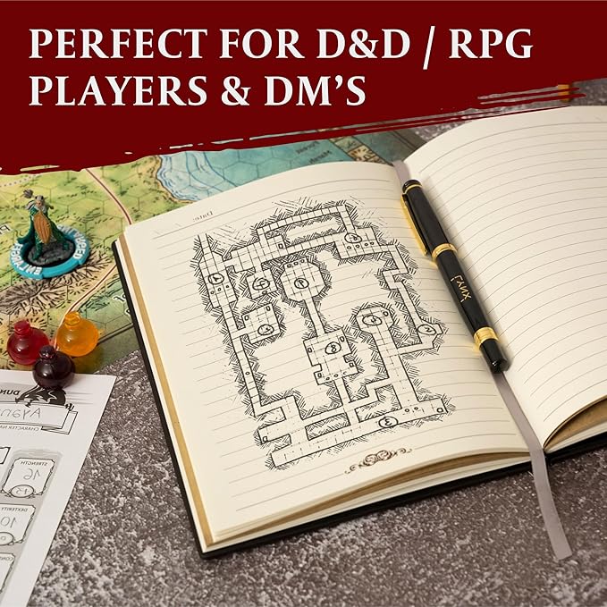 DND Notebook / Journal, Unique 200 Page Book with 3D Bronze Dragon Embossed Faux Leather Cover with Pen- Ideal for Dungeons & Dragons / D&D. Great RPG Accessories Gift for DM's & Players, Men or Women