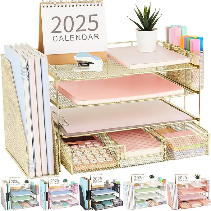Gianotter Paper Letter Tray Organizer with File Holder, 4-Tier Desk Accessories & Workspace Organizer with Drawer and 2 Pen Holders