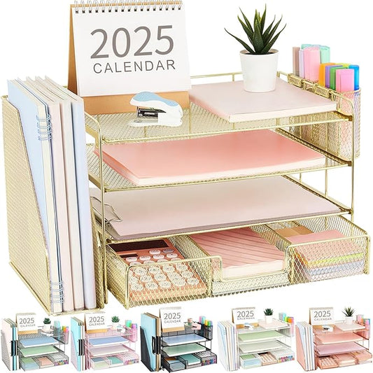 Gianotter Paper Letter Tray Organizer with File Holder, 4-Tier Desk Accessories & Workspace Organizer with Drawer and 2 Pen Holders