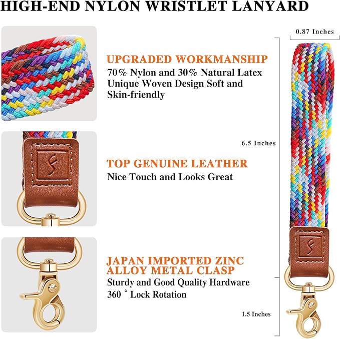 Fishent Stretchy Wristlet Keychain,Braided Cute Wrist Lanyards for Keys, Key Chain Holder for Women Men, Wrist Strap Keychain for Car Keys Phone Camera Wallet ID Badges Card (Rainbow)