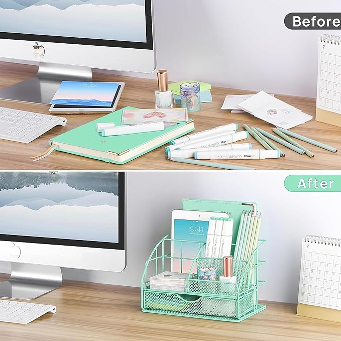 Green Desk Accessories, Office Desk Organizers and Accessories Supplies with Mesh Desk Organizer, Tape Dispenser, Stapler, Staples, Ballpoint Pen, Clips Set, Ruler, Scissor, Sticky Tabs