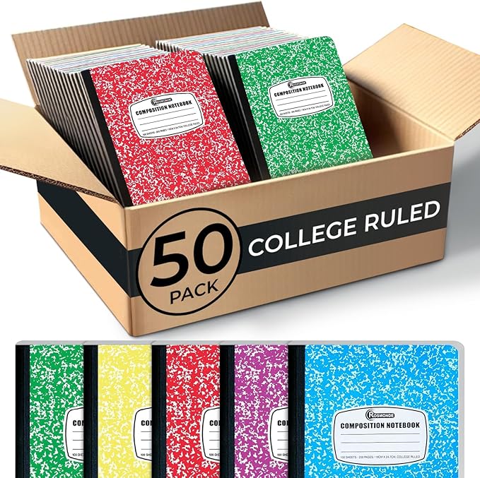 50 Pack Bulk Composition Notebooks College Ruled, 200 Pages (100 Sheets), 9-3/4 x 7-1/2, Bulk School Supplies, Bulk College Ruled Notebooks, Bulk Assorted Colors Marble Notebooks for School