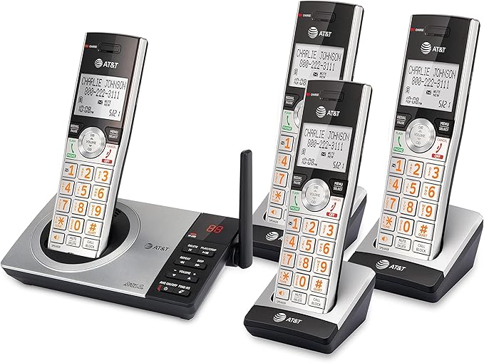 AT&T CL82407 DECT 6.0 4-Handset Cordless Phone for Home with Answering Machine, Call Blocking, Caller ID Announcer, Intercom and Long Range, Silver