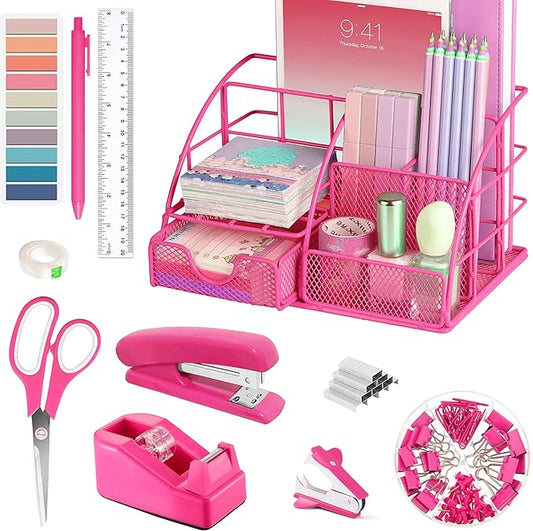 Hot Pink Office Desk Accessories Supplies, 12pcs Desk Organizers and Accessories with Tape Dispenser,Stapler,Staples,Staple Remover,Pen Holder,Scissor,Ruler,Sticky Tabs,Tape,Ballpoint Pen,Clips Set
