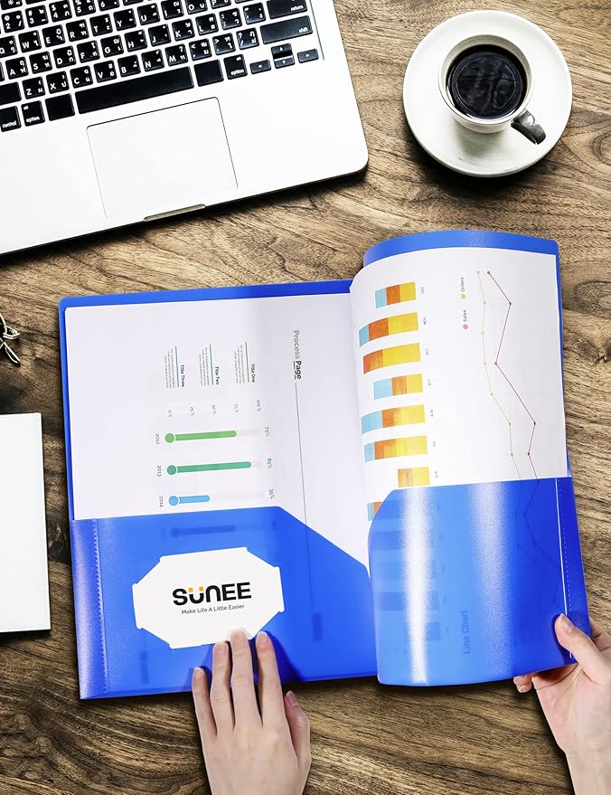 SUNEE 2 Pocket Folders (12 Pack, Blue) Heavy-Duty Plastic Folders with Pockets, Fit 8.5x11 Letter Size Paper, 2-Pocket File Folders for Kids, Home, School, Office