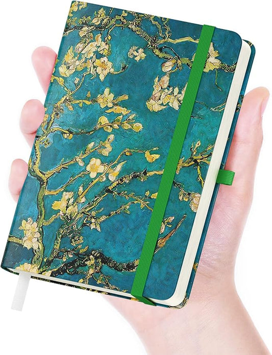 Small Notebook, Mini Pocket Journal A6 5.7" x 3.9", Leather Hardcover Journal with Pen Holder, 160 Thick Papers, Cute Lined Notebook Small Notepad for Women Writing Work Travel, Green Flower