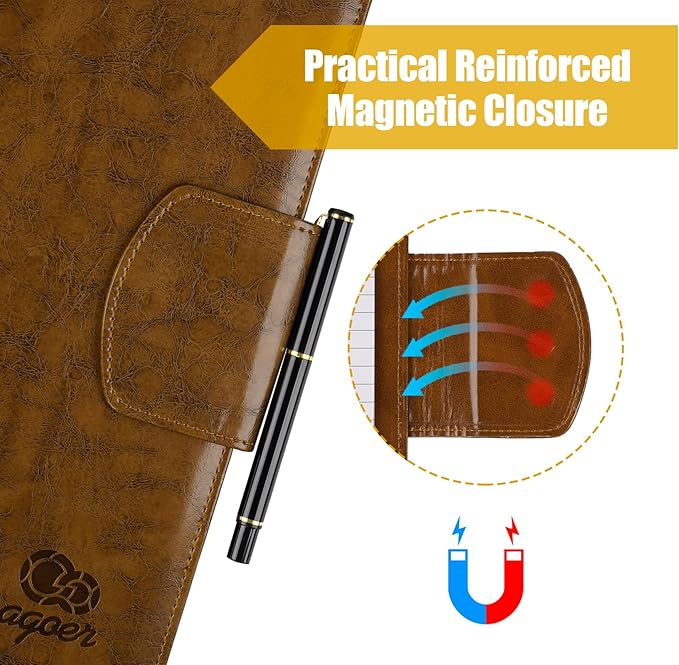 A4 Leather Portfolio Professional Organizer Padfolio,Stylish Document Folio Organizer with Magnetic,Resume Portfolios with Papers,Sticky Tabs,Pen for Interview Conference Presentation,Retro Brown
