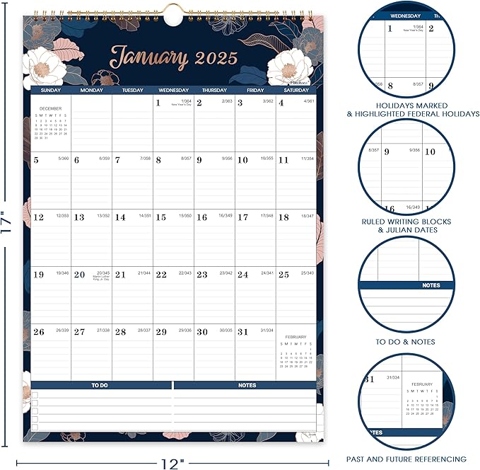 2025 Calendar - 2025 Wall Calendar, January 2025 - December 2025, 17'' x 12'', 12 Monthly Wall Calendar 2025 with Julian Dates - Engraved Floral