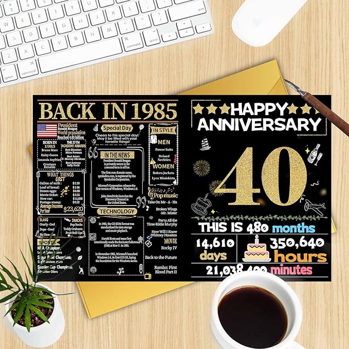 Joycard 40th Anniversary Card for Women Men, Gold Wedding Card for Wife Husband, Sweet Marriage Decorations Gifts for Couple, Perfect for Her Him on Anniversary Day, Ruby Wedding Card, Back in 1985