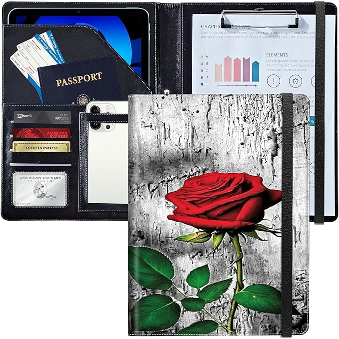 PU Leather Padfolio Folder Clipboard Portfolios Organizer Conference Document Organizer with Business Card Holder Storage Clipboard Writing Pad,Elegant Red Rose