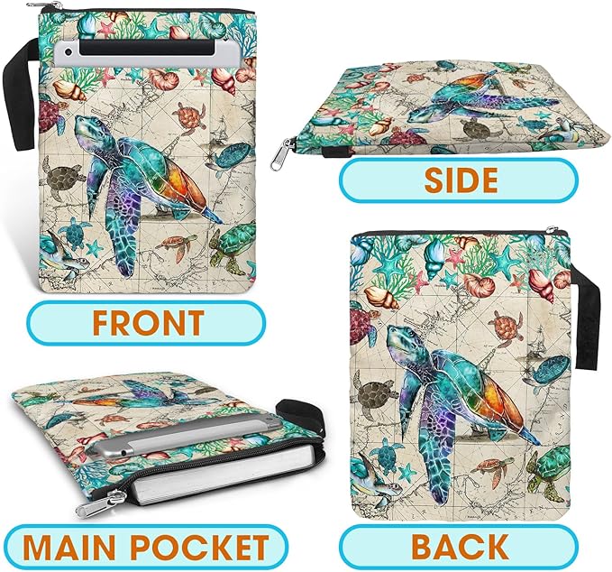 Vintage Map Book Cover Bag with Zipper and Front Pocket. Washable Fabric 11 X 8.5 Inch Book Sleeve Pouch for Paperbacks. Gift for Turtle and Book Lovers