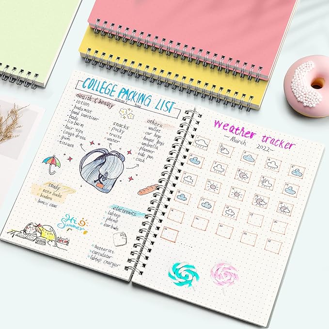 AHGXG Bullet Dotted Journal, 3 Pack Spiral Notebook A5, with 100GSM Thick Dot Grid Paper, Transparent Hardcover, Journal Stencils, 80 Sheets, 5.7" x 8.3", Yellow, Green, Blue