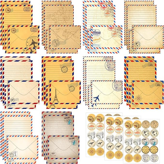 TaoBary 160 Packs Stationery Paper Set (50 Double Sided Stationery Writing Papers 50 Matching Envelopes) 60 Round Dot Sticker, 10 Design(Vintage Travel,8.5 x 11 Inch)