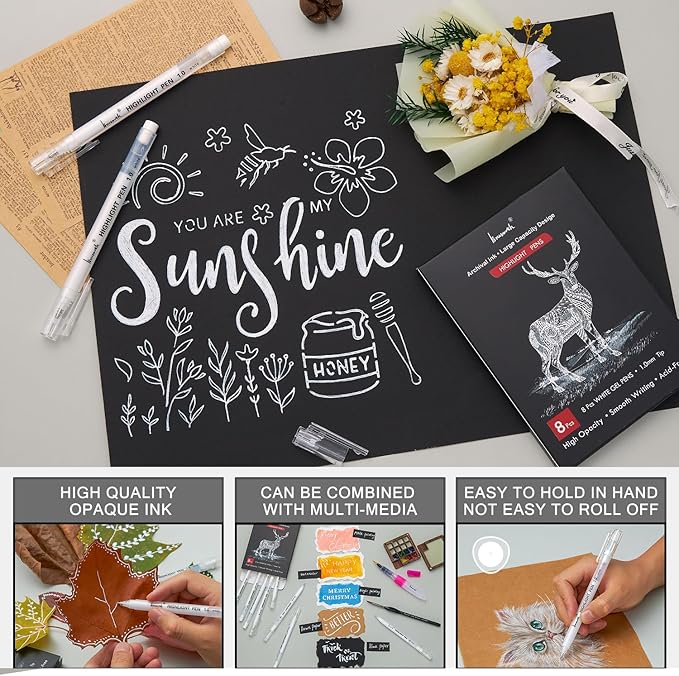 White Pens, White Gel Pens for Artists, 1mm Extra Fine Point, White Pens for Black Paper, White Gel Pen, White Ink Pen, White Drawing Pens,White Pen for Artists Drawing, 8 Pack