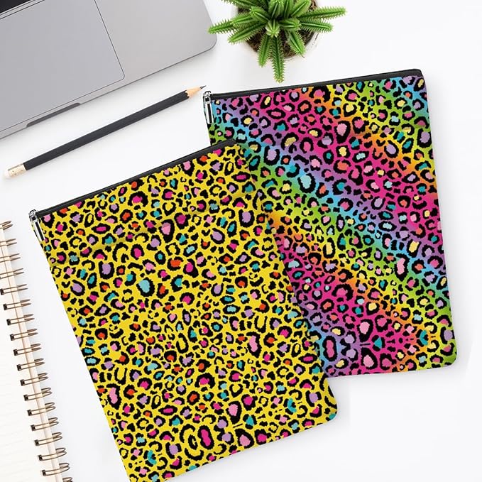 2 Pack Rainbow Leopard Print Book Sleeve, Books Protector，Books Pouch， Book Lovers Gifts，Bookish Gifts Waterproof Cover with Zipper，Leopard Decor Gift Bag for Women Sister Birthday Appreciation