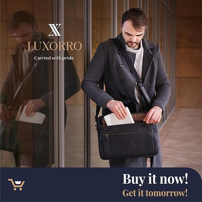 Luxorro Full Grain Leather Briefcase for Men, Top Choice Gifts for Men, Handcrafted Leather Laptop Bag with Multiple Compartments and Brass Hardware, Fits 15.6 Inch Laptop