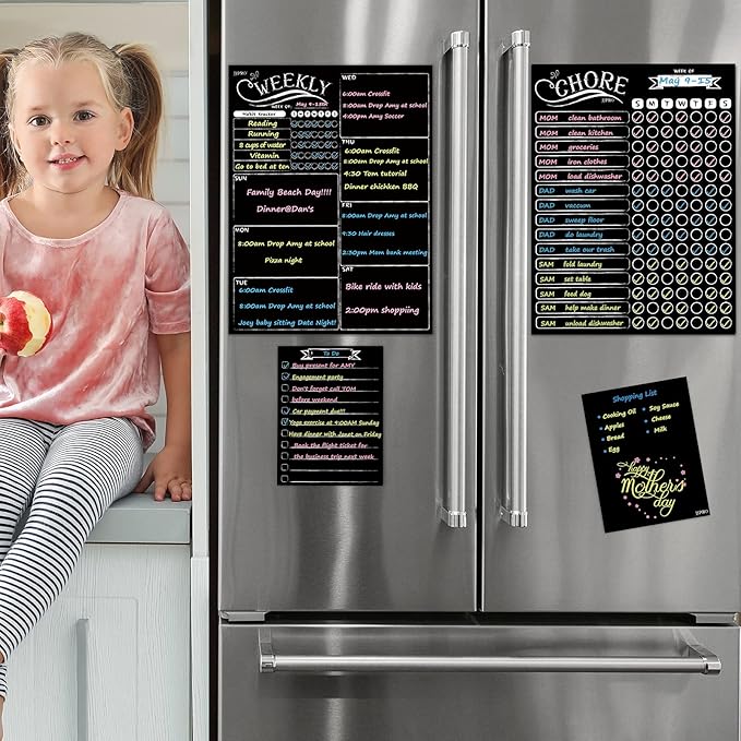 Magnetic Chalkboard Weekly Planner - Reward Chore Chart Blackboard Combo Set with Neon Bright Liquid Chalk Markers - Bonus Grocery List and Notepad Blackboard for Refrigerator Included