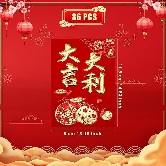 36pcs Chinese Red Envelopes, New Year Hong Bao with Classic Patterns and Blessing Words Lucky Money Lunar New Year Envelopes Lai See Pocket Gift Packet for Festival