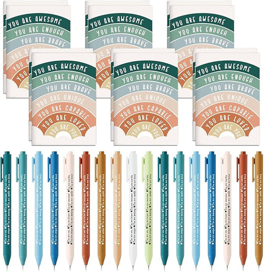 Janlaugh 60 Pcs Positive Affirmations Reminder Notepad Motivational Pen Positive Psychology Pocket Notebooks with Colored Ballpoint for Volunteer Week Mental Health Therapy Teacher Student Classroom