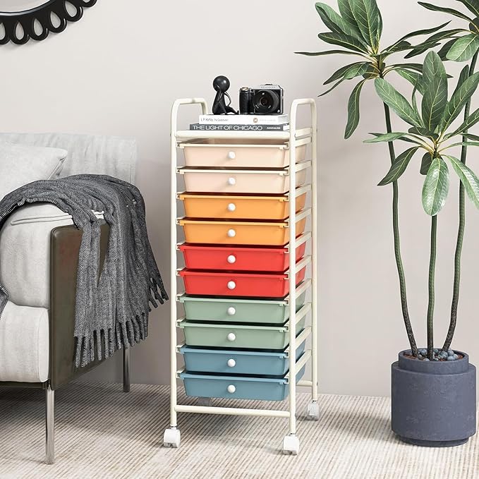 Storage Cart, Rolling Utility Cart with 10 Drawers, Portable Handles & Lockable Wheels, Mobile Paper Toys Storage Organizer Large Capacity for Home Office School Teacher (Macaron)