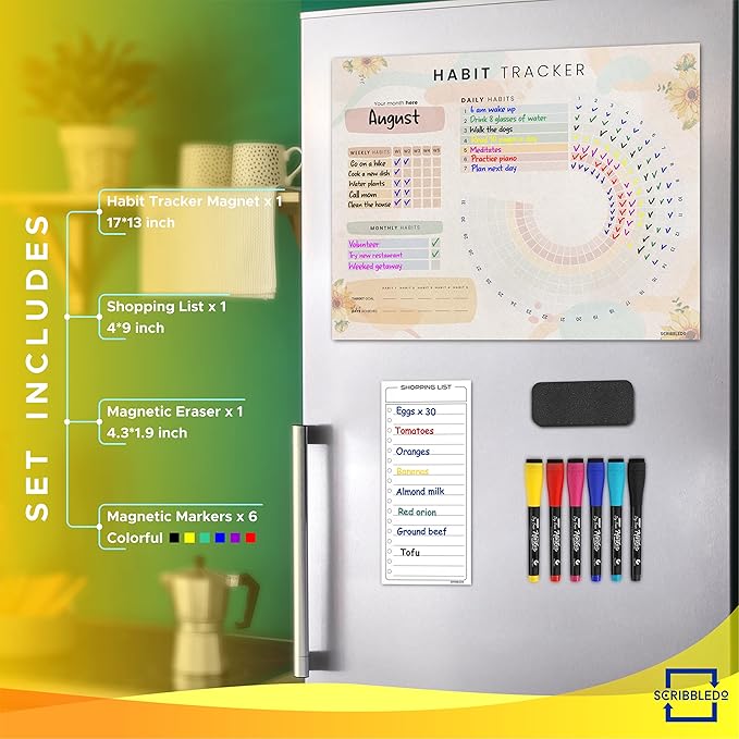 Habit Tracker Journal Workout Motivation Fridge Calendar Dry Erase 13” X 17” Magnet Health Fitness Goal Tracker Goals Board - with Shopping Grocery List - 6 Markers Included