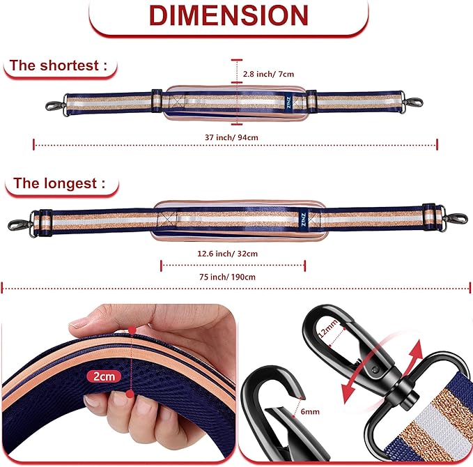 ZINZ 75" Shoulder Strap with Fixed Pad and Dual Balanced Buckles，Blue Gold Jacquard