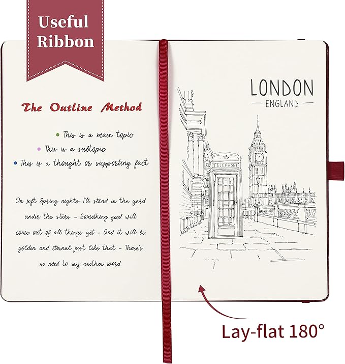 Blank Journal/Notebook - Classic Notebook/Journal with Ribbon Divider, Hardcover with Thick Paper, 5.3'' x 8.26'', Banded + Pen Holder +Inner Pocket - Burgundy