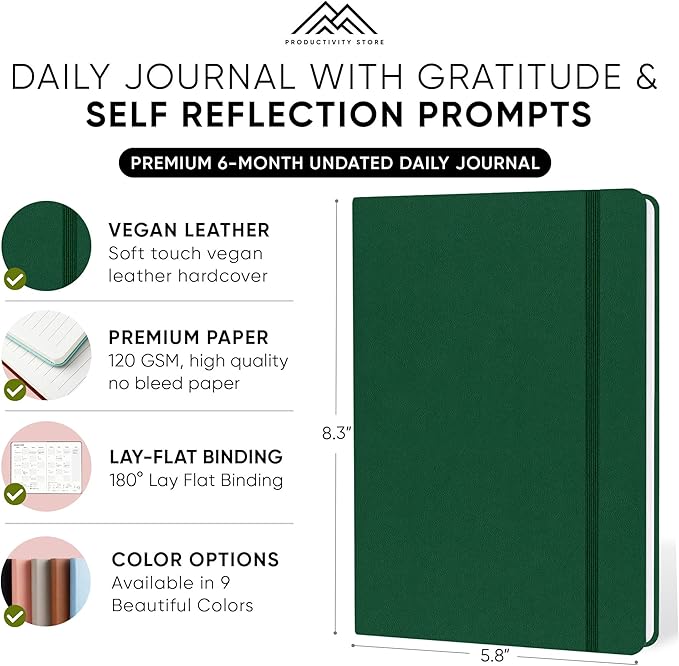 Journal For Men & Women - Gratitude Journal, Mental Health & Self Care Journal For Women & Men - A5 - Green - Productivity Store