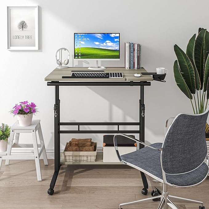 Panta Mobile Standing Desk, Adjustable Rolling Computer Desk with 3 Desktops, Portable Laptop Table with Desk Cup Holder, Home Office Laptop Workstation on Lockable Wheels,Grey Oak