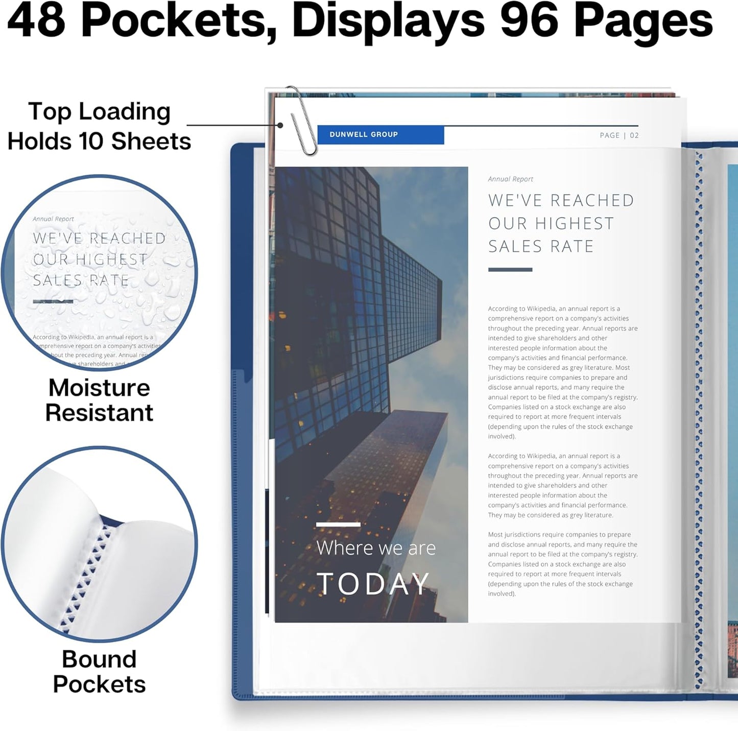 Dunwell Presentation Binder 48-Pocket, Displays 96 Pages, 8.5x11 Portfolio Binder with Plastic Sleeves, Storage and Organizer for Documents, Photos, Kids Artwork, Projects, Recipes (Blue)