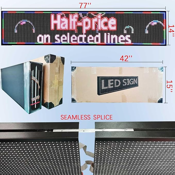 P10 Outdoor Scrolling Led Signs Programmable, Digital Electronic display screen Marquee Message Board custom word for Business Store Restaurant Window Advertising, Full Color High Brightness Wifi Control, 77''x14''